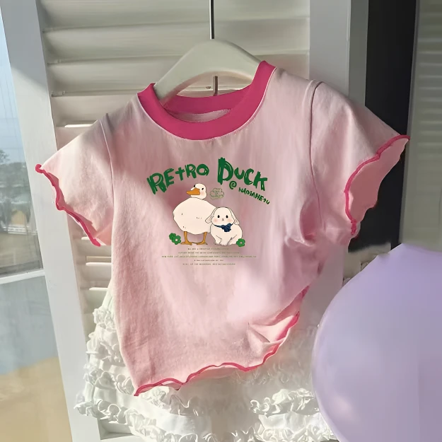 女童短袖上衣夏季新款拼色卡通印花打底木耳边宝宝休闲薄棉质