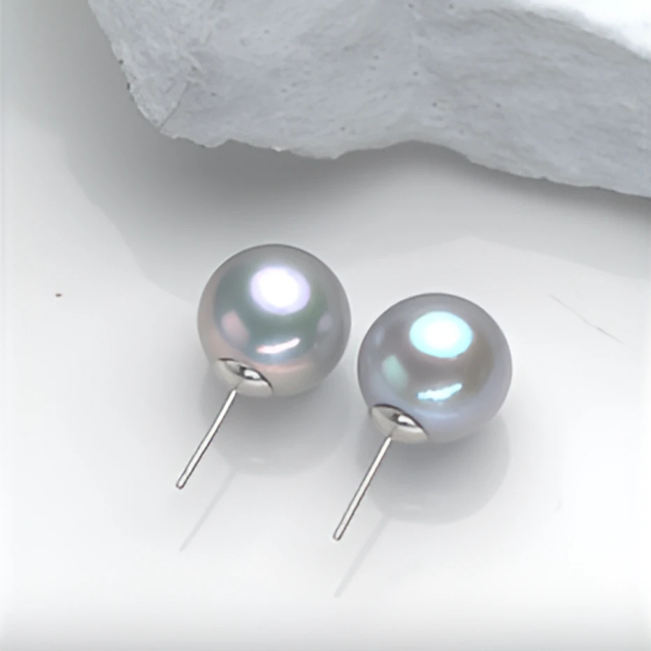 【暹罗珠宝】天然特选极光‘铂金灰’龙珠珍珠耳钉14-15mm 335