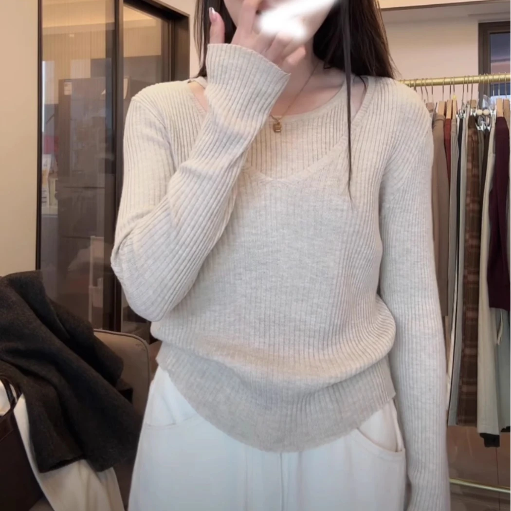 2025韩系新款气质拼接假两件V领针织衫女秋冬内搭打底上衣G5-22