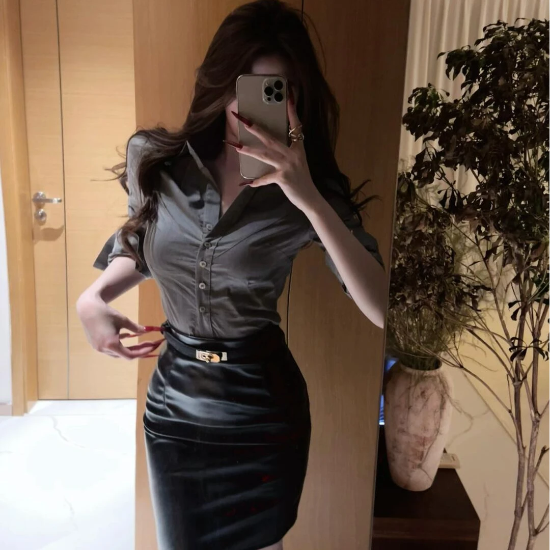 御姐风职业v领灰色衬衫女秋冬韩系穿搭高腰包臀皮裙秘书套装