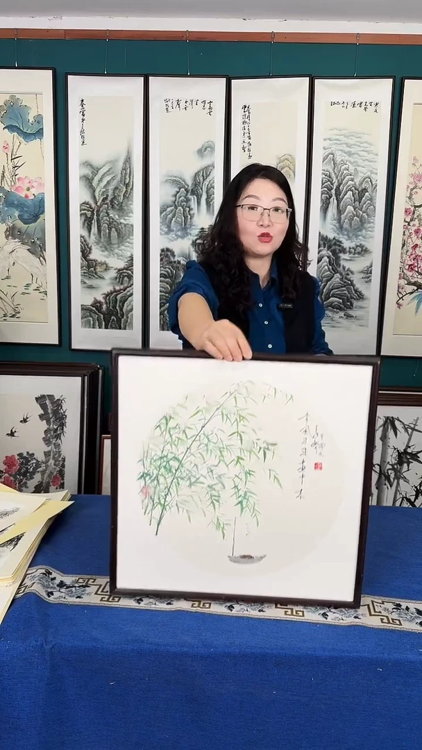 国画53*53竹子实木装裱