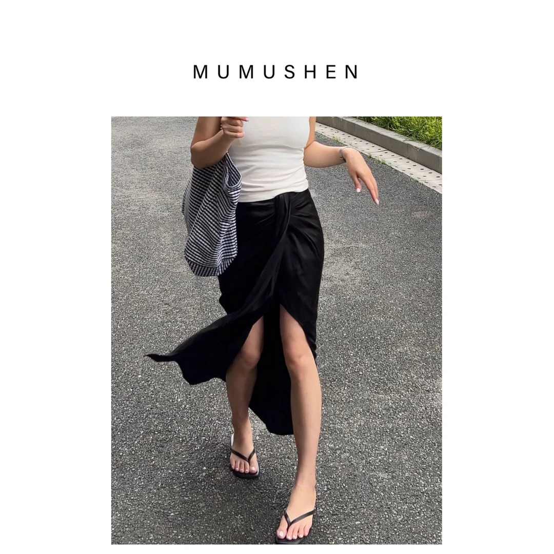 MUMUSHEN A020扭结半裙亚光缎面开衩设计感半身裙一步裙