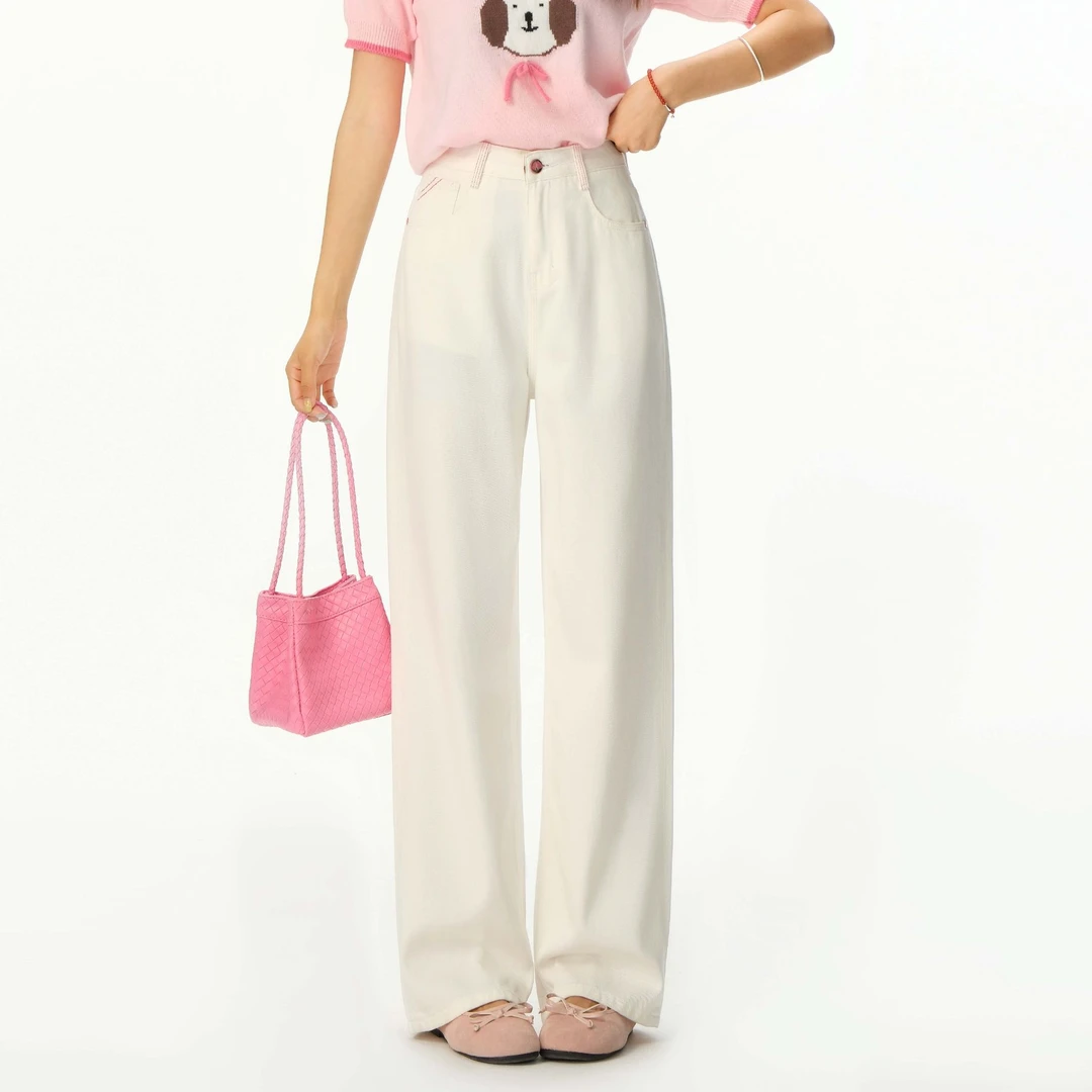 若纤小个子牛仔裤女士新款裤子夏季薄款裤子中高腰裤子【白草莓】