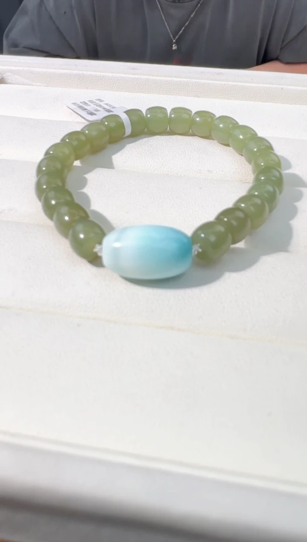 【闪购商品】和田玉手链银S925镶嵌和田玉桶珠海纹桶珠款