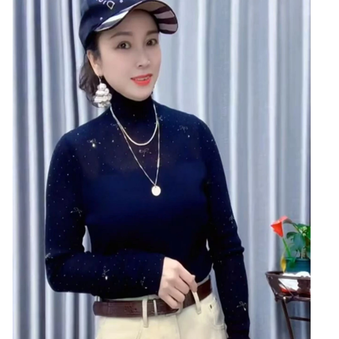 【懂你吴姐】2510新款烫钻蝴蝶结堆堆领羊毛衫