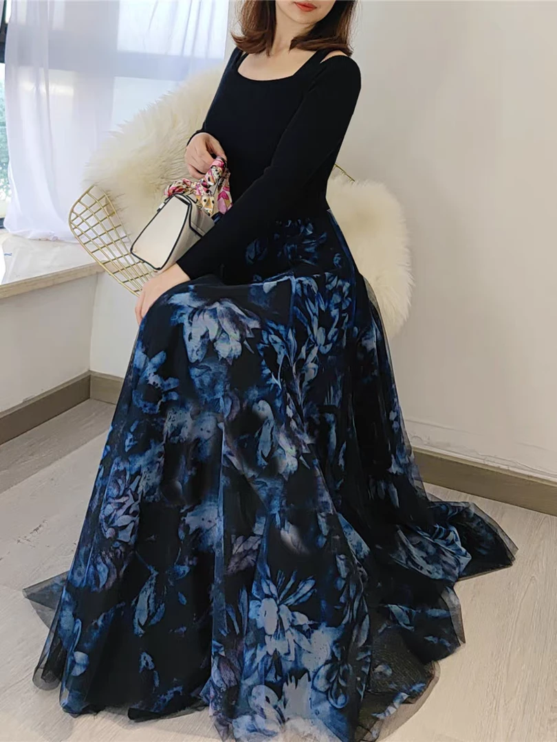 【720度】大摆裙中长款春季新款半身裙花海拍照欧若风碎花裙子绿色