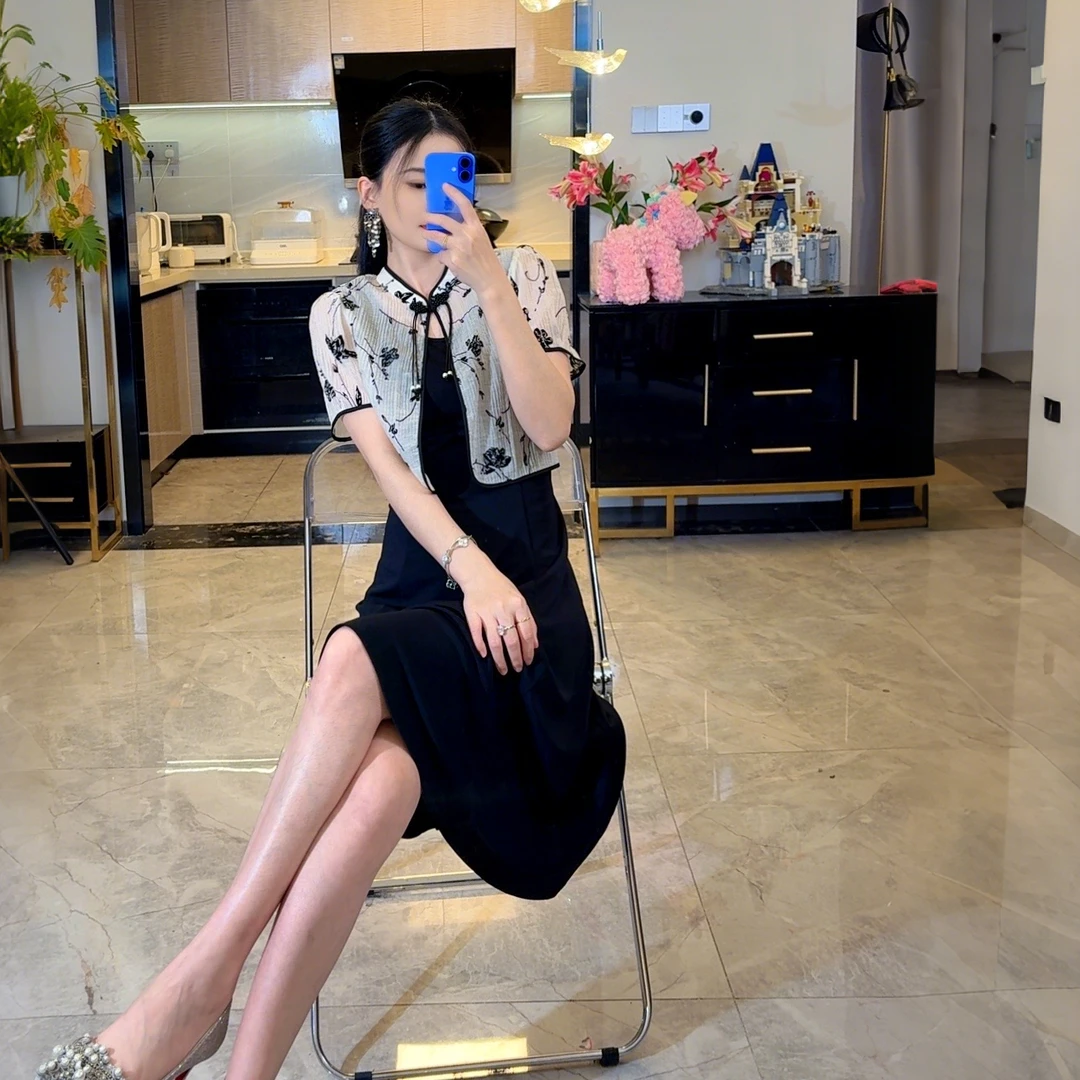 460气质国风两件套连衣裙2025新爆款遮肚子藏肉修身显瘦A字裙子