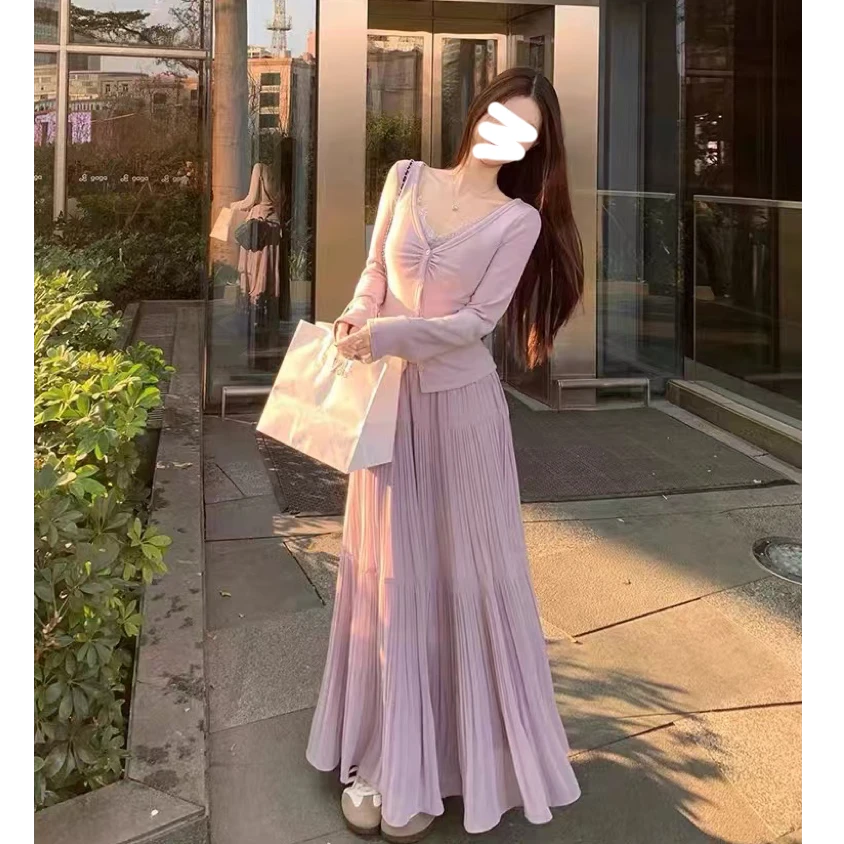 高腰温柔垂感女裙加长高个子压褶设计感宽松大摆显瘦半身裙春2516