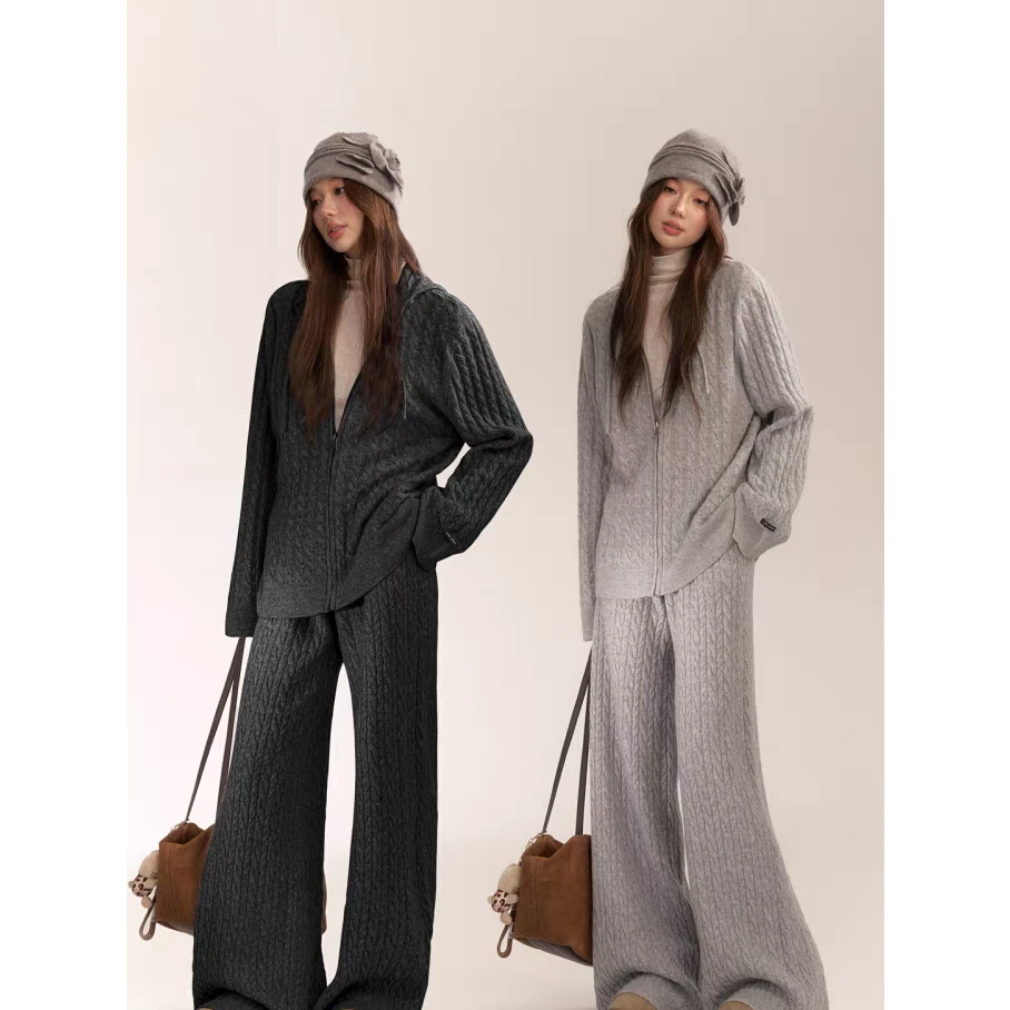 周也杨超越同款慵懒风宽松连帽针织开衫休闲直筒阔腿裤保暖两件套