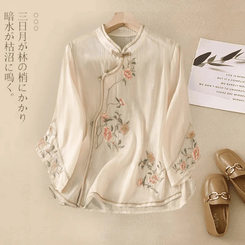 夏季拼接宽松型立领刺绣斜襟衬衫女民族风中国风棉质复古七分袖