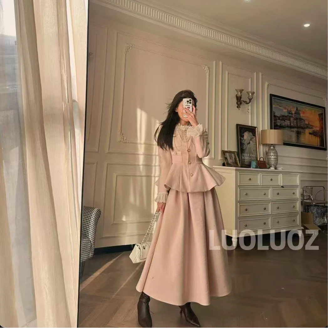 【现货】LUOLUOZ【克拉爱恋】羽绒收腰花边上衣＋半身长裙两件套JF497