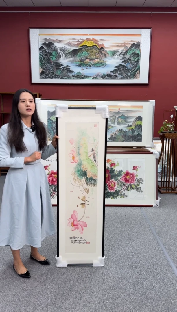 国画手绘  醉荷清影  150*45