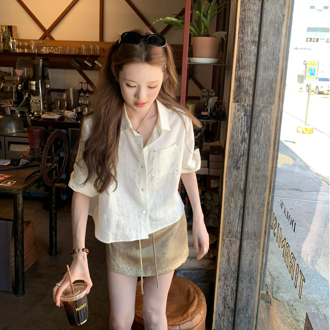 aaaaxbbb 塔斯马尼亚茶 超绝鎏金假两件短裙百搭显瘦系带半身裙女