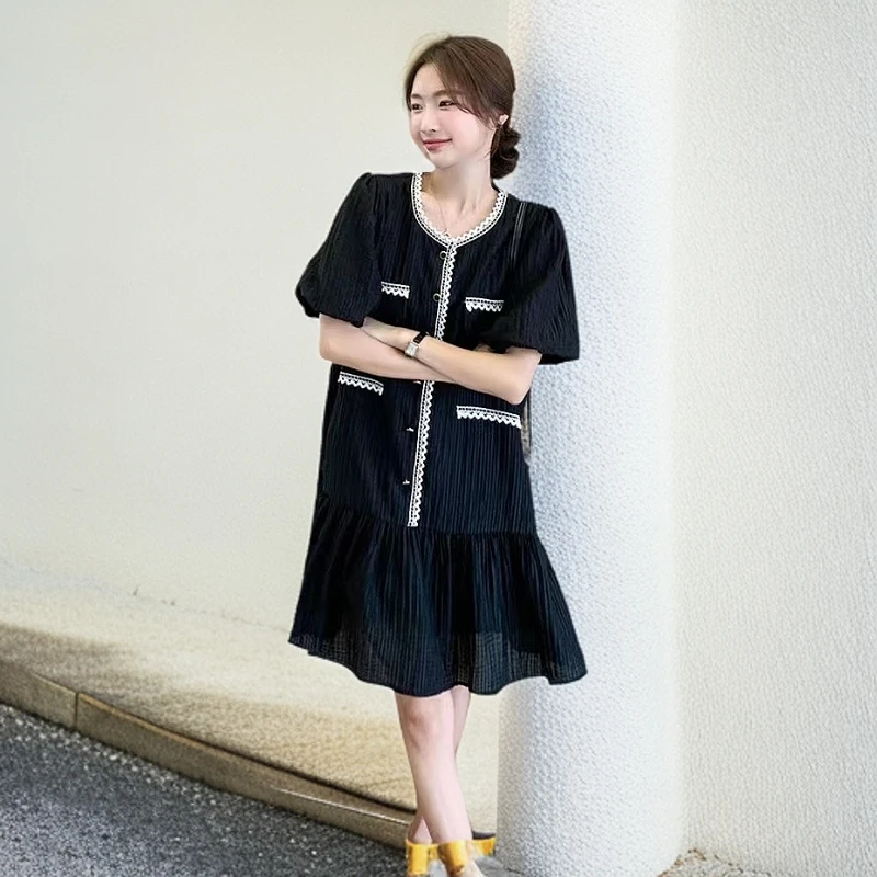 068A#黑【木兮兮专属】2025年夏季新款气质提花显瘦百搭时尚连衣裙