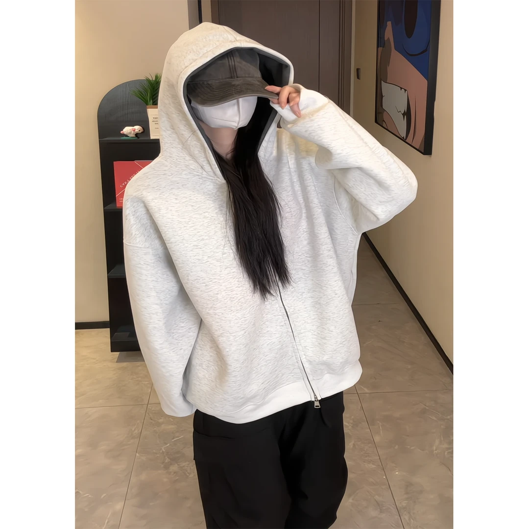 美式重磅拼色开衫卫衣男女同款连帽宽松休闲外套百搭运动情侣长袖