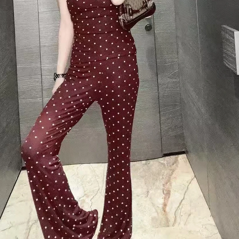 【HAV】  新款时髦百搭蕾丝拼接腰波点喇叭长裤