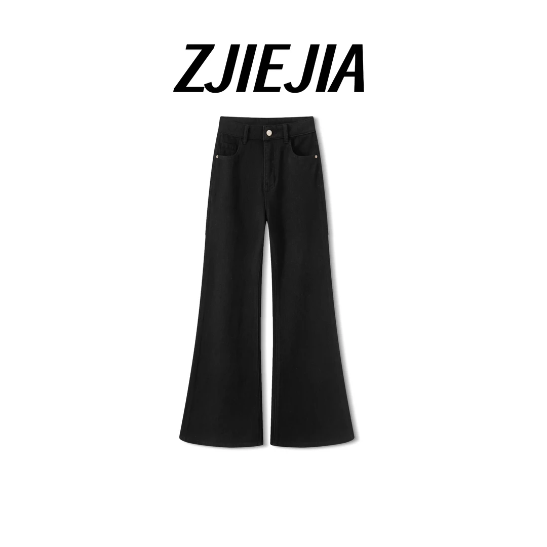 黑牛重磅骨感春夏款设计款黑色阔腿直筒喇叭牛仔裤女