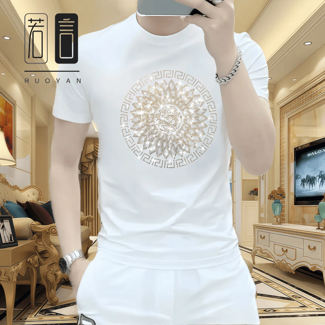 欧洲站男士白色时尚休闲夏季潮流修身圆领高档百搭冰丝短袖烫钻T