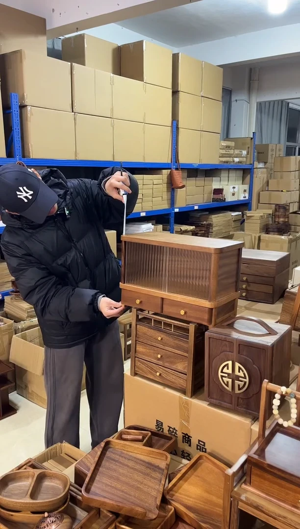 木胡桃木玻璃双抽屉柜