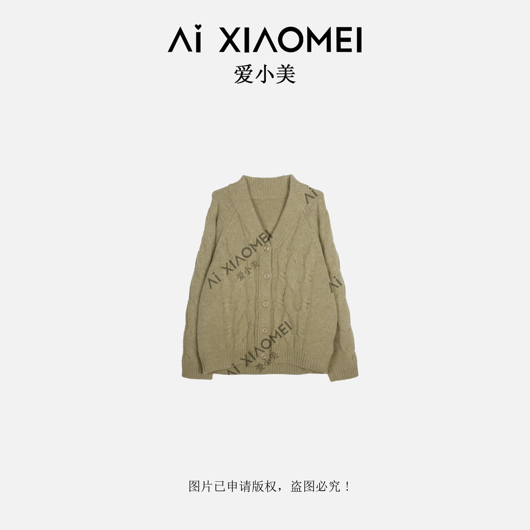 Aixiaomei/爱小美【厚麻花开衫】宽松厚款单排扣针织毛衣YM08-2660