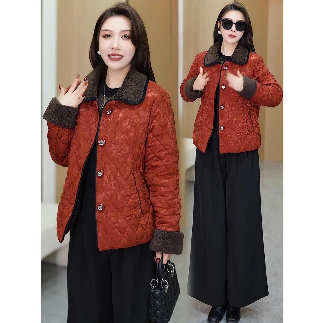时尚加绒夹棉短外套女2025冬季新款洋气减龄菱形格撞色保暖棉袄潮