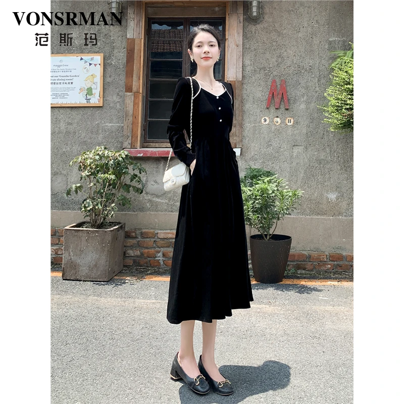 赫本风长袖丝绒连衣裙2025秋季新款时尚减龄气质收腰显瘦黑色长裙