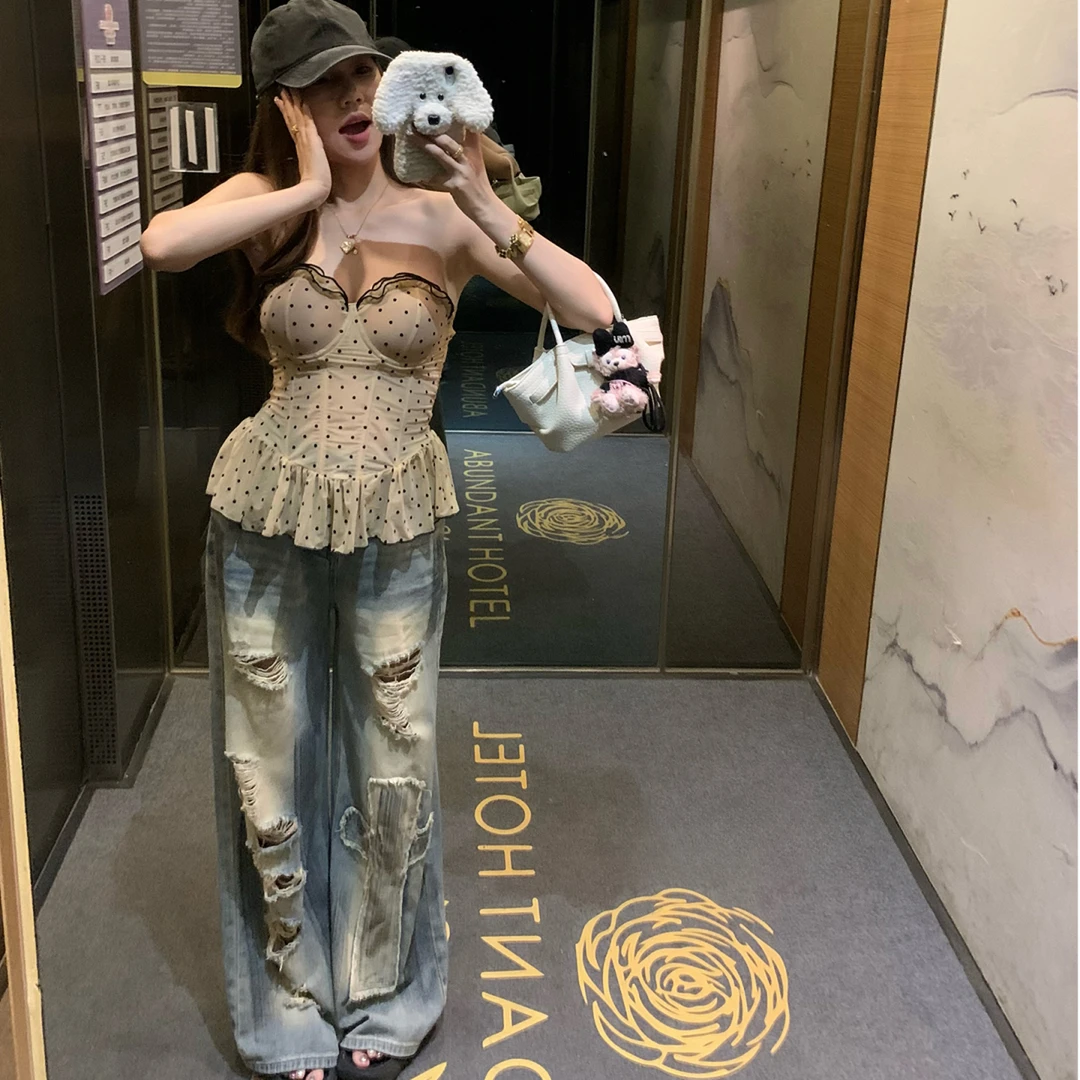 【少女悸动】韩系高级感收腰显瘦显白波点网纱抹胸上衣配修身休闲裤