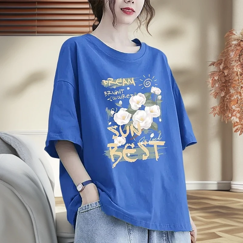 200斤大码夏季纯棉休闲短袖上衣女宽松显瘦时尚印花百搭大码t恤女