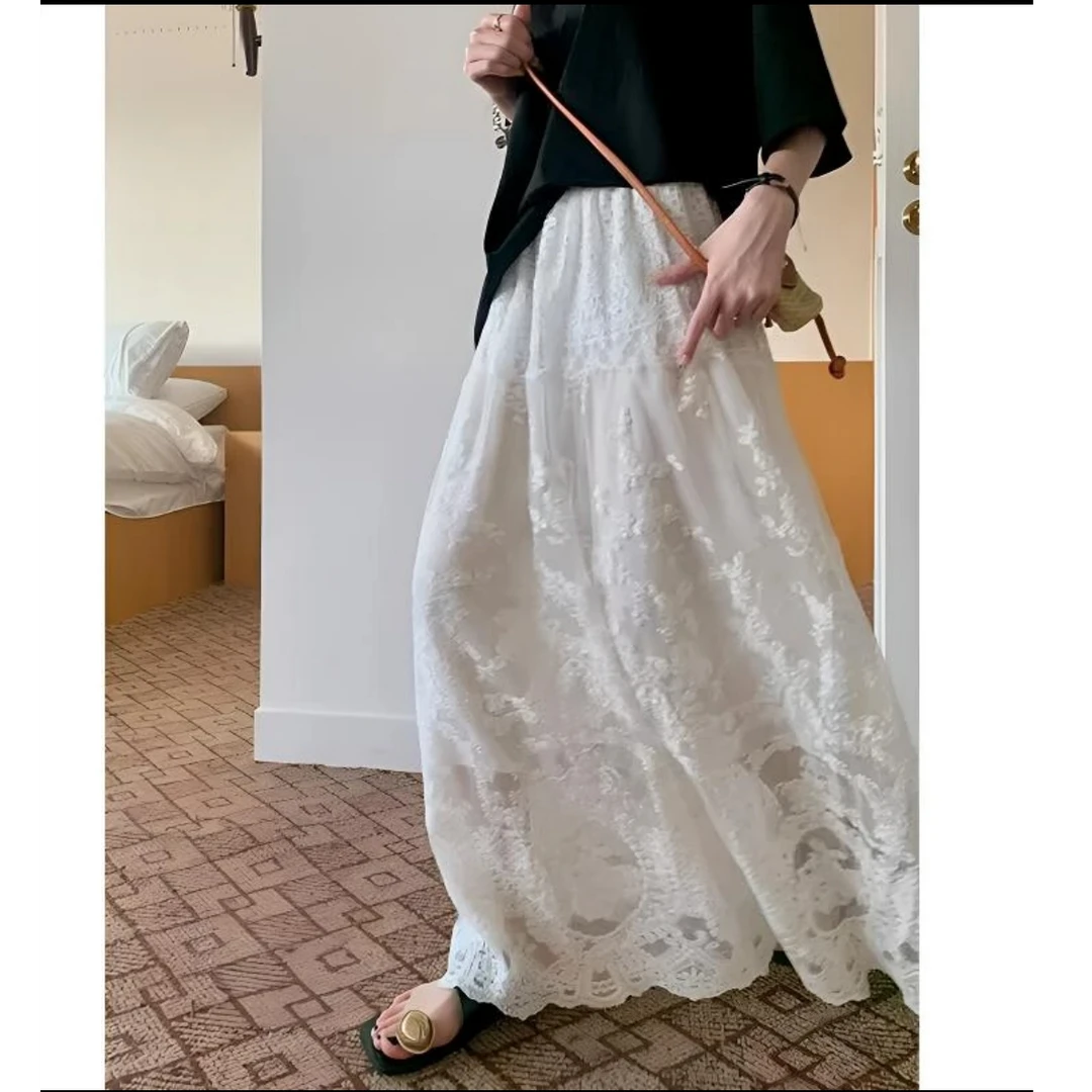 8015-春夏季新款微胖大码女装半身裙显瘦蕾丝气质白色复古中长款