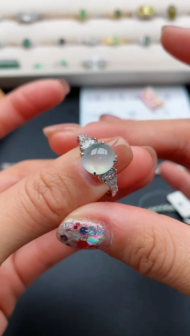 银S925镶嵌戒指翡翠缅甸天然A货翡翠33  2-7