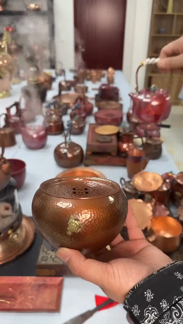 纯紫铜烤色壶承铜钱开孔金蟾装饰600cc