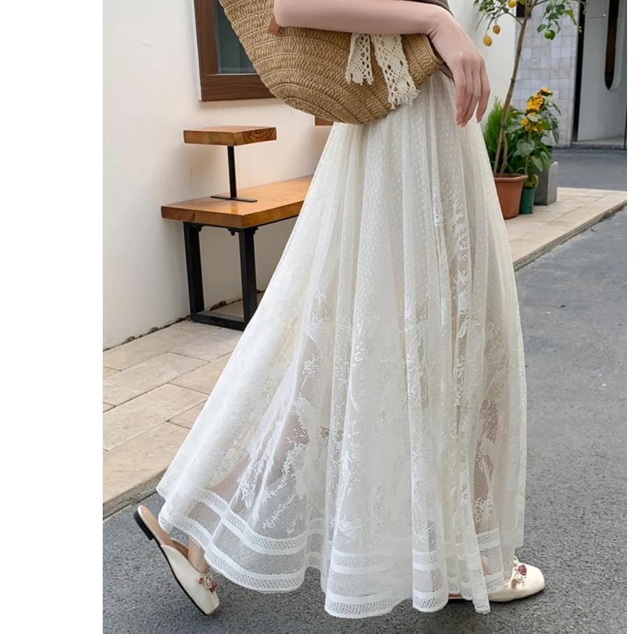 女士蕾丝半身裙2025新款春夏高腰法式镂空刺绣钩花中长款超仙a字