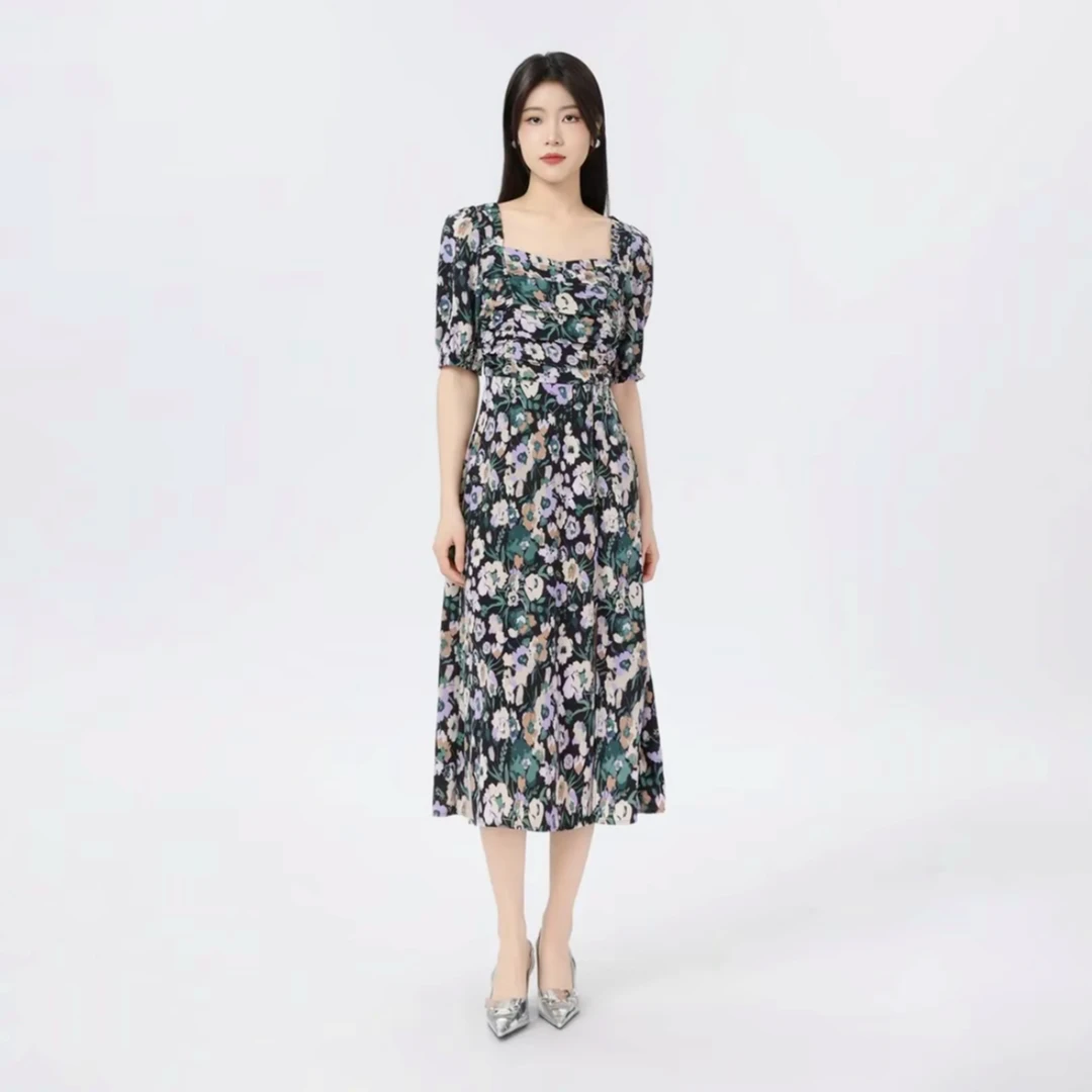 AMASS/阿玛施新款女装法式气质高腰方领印花中长款连衣裙550046