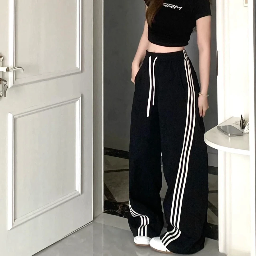 美式辣妹街头运动三条杠休闲裤女2025夏季直筒宽松显瘦高街阔腿裤