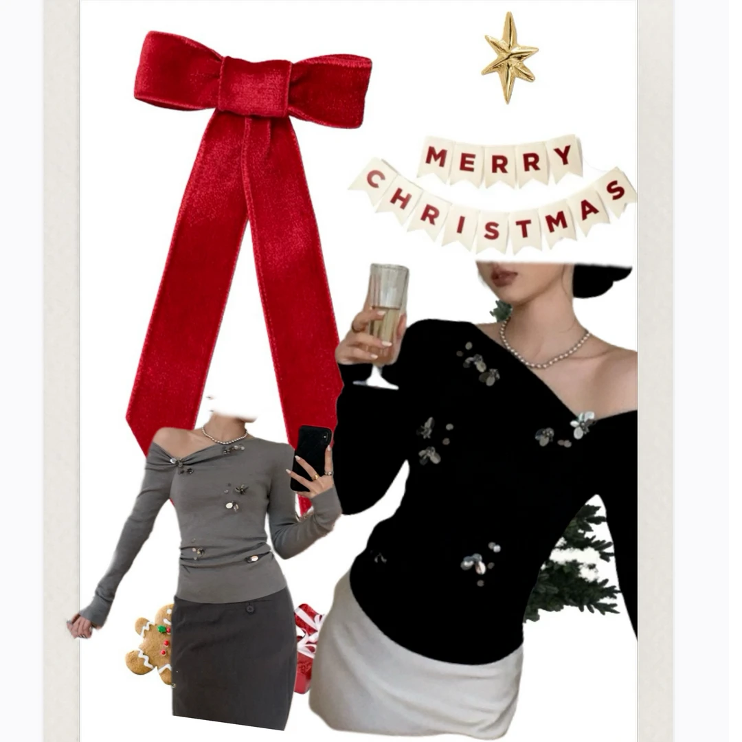 【安-坠入银河】秋冬法式气质纯欲百搭斜领露肩亮片甜辣长袖针织衫