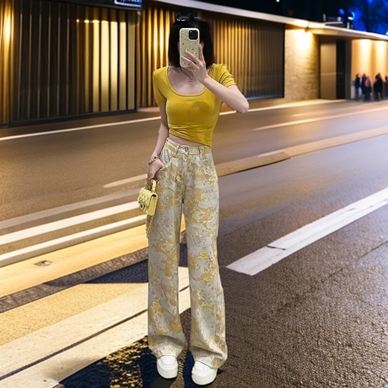 时尚套装女2025夏季新款修身显瘦百搭短袖T恤高腰阔腿裤两件套潮