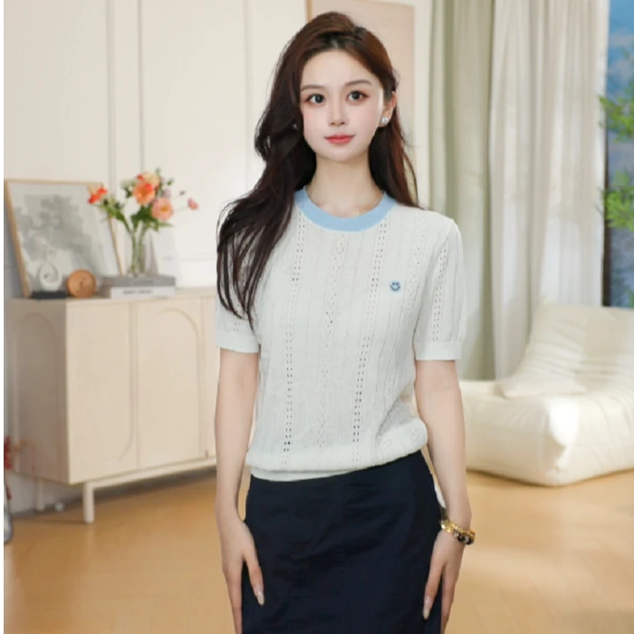 【夏日穿搭】茵曼夏季时尚舒适休闲百搭可爱字母圆领短袖针织衫女