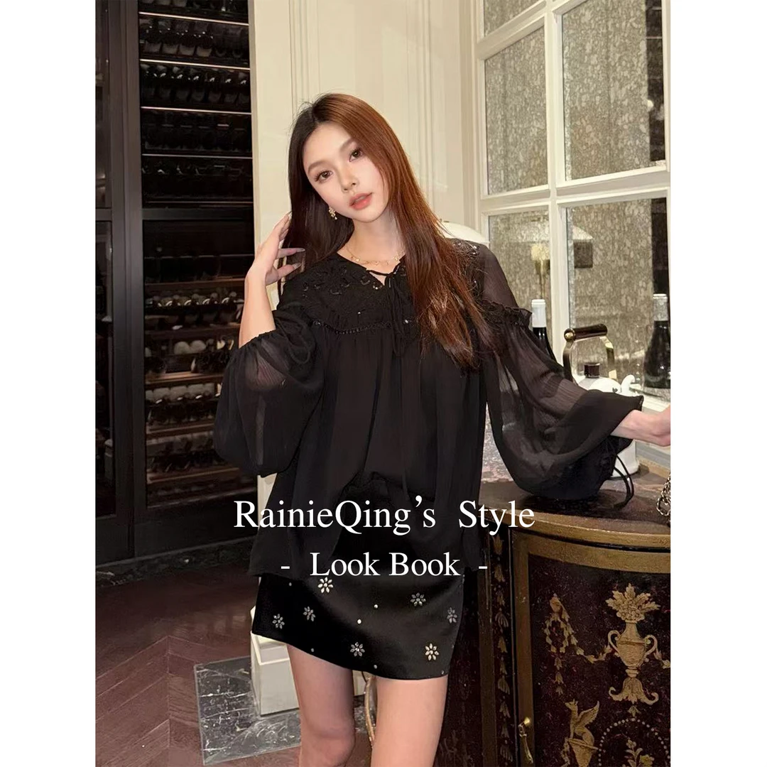 RainieQing【第五序章】蕾丝亮片拼接气质显瘦精致新款上衣小衫