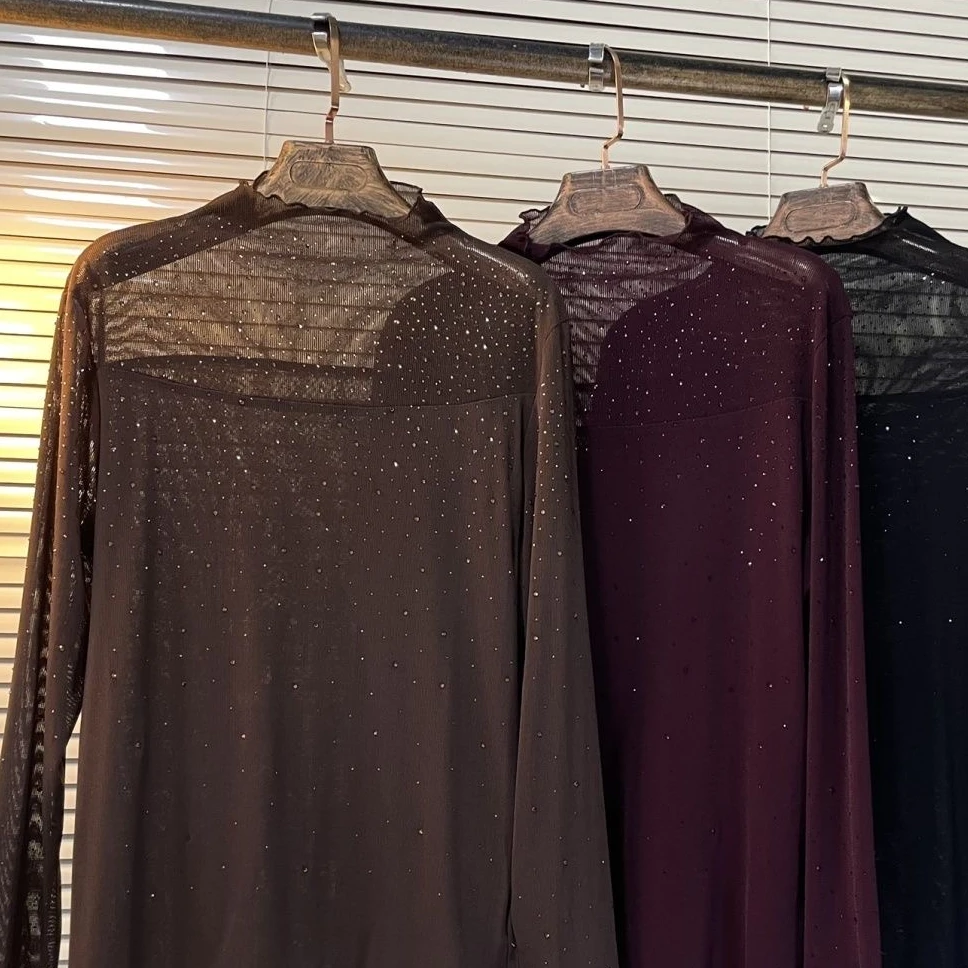 2025年新款大码带钻网纱打底衫