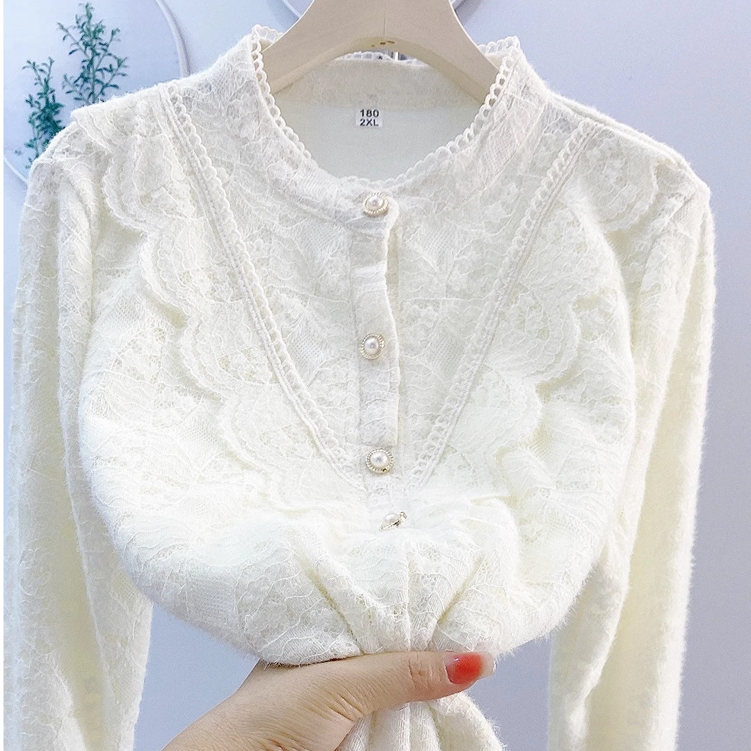 立领木耳花边加绒蕾丝打底衫女宽松衬衫显瘦遮肉小香风加厚保暖冬