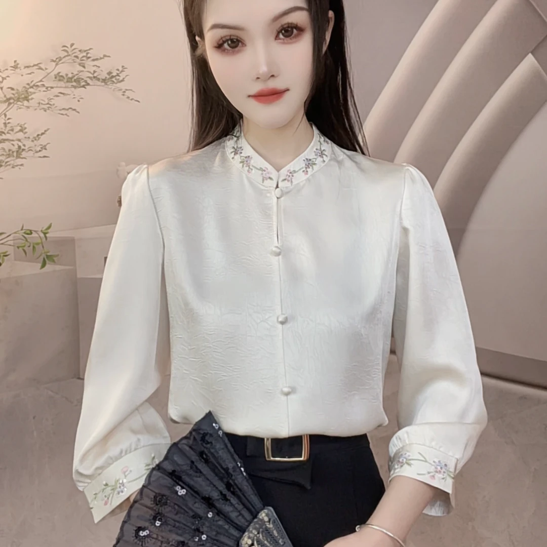重工刺绣新中式国风衬衫2025新款七分袖小衫立领提花设计感衬衣
