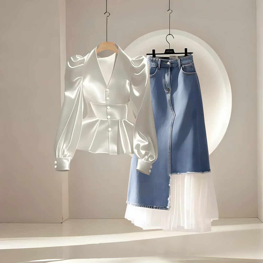 2025新款财阀千金女装高贵上档次显瘦缎面衬衫超好看拼接半身裙子