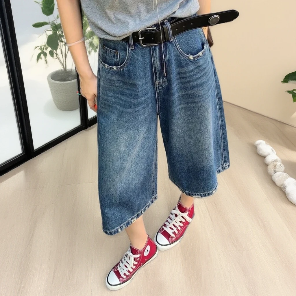 【送腰带】复古高腰夏季薄款七分牛仔裤子女款显瘦宽松直筒阔腿短裤
