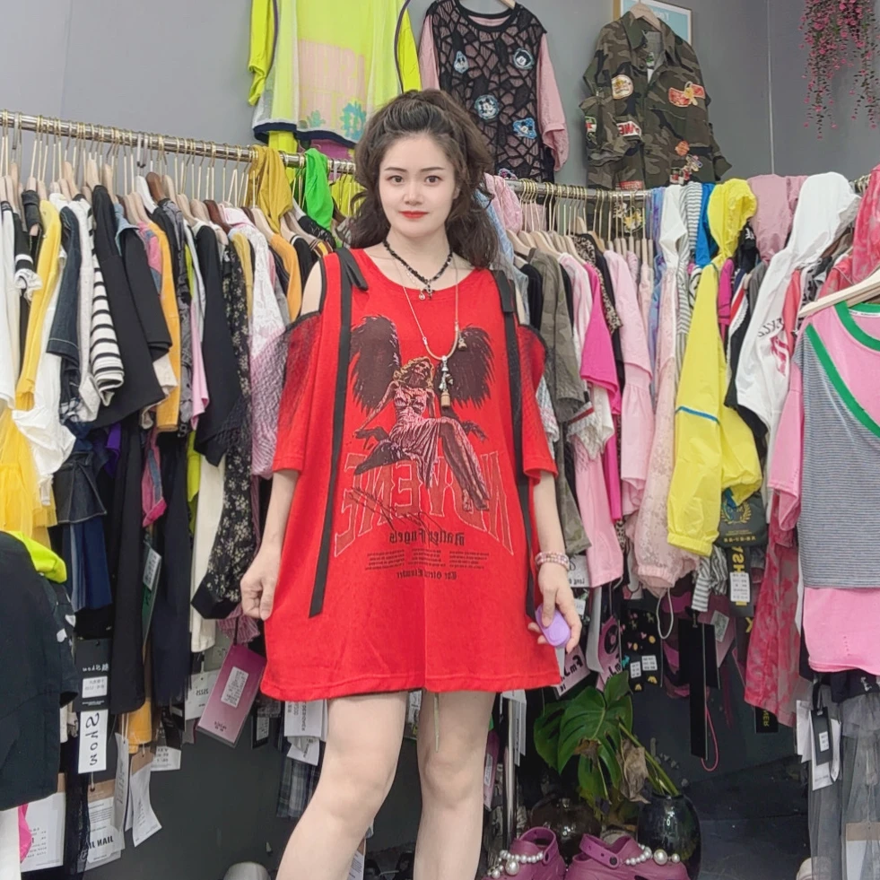 LY家5483#R.D 夏季翅膀女孩露肩网纱拼接圆领宽松百搭休闲T恤