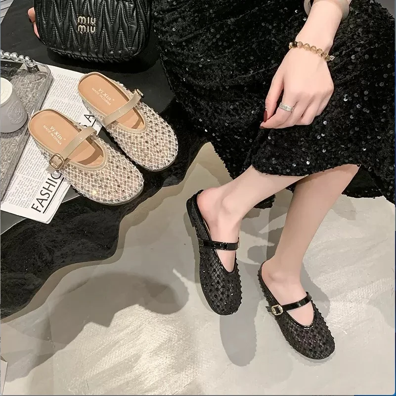 【鑫蕾】夏季外穿小香风包头水钻玛丽珍女半拖透气凉拖鞋036-38
