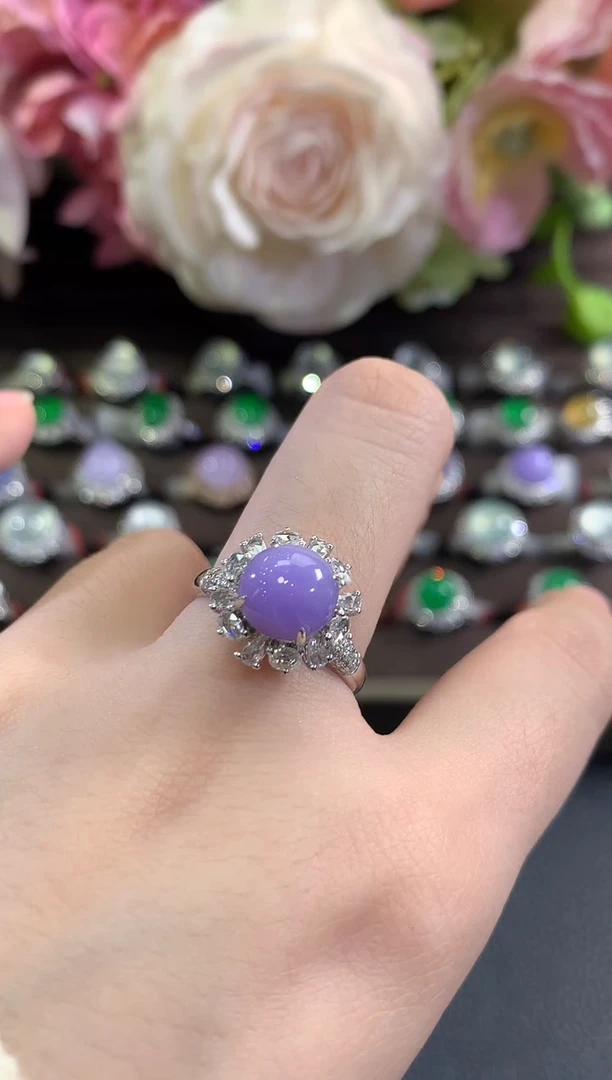 18K金镶嵌戒指翡翠b150紫货有色差