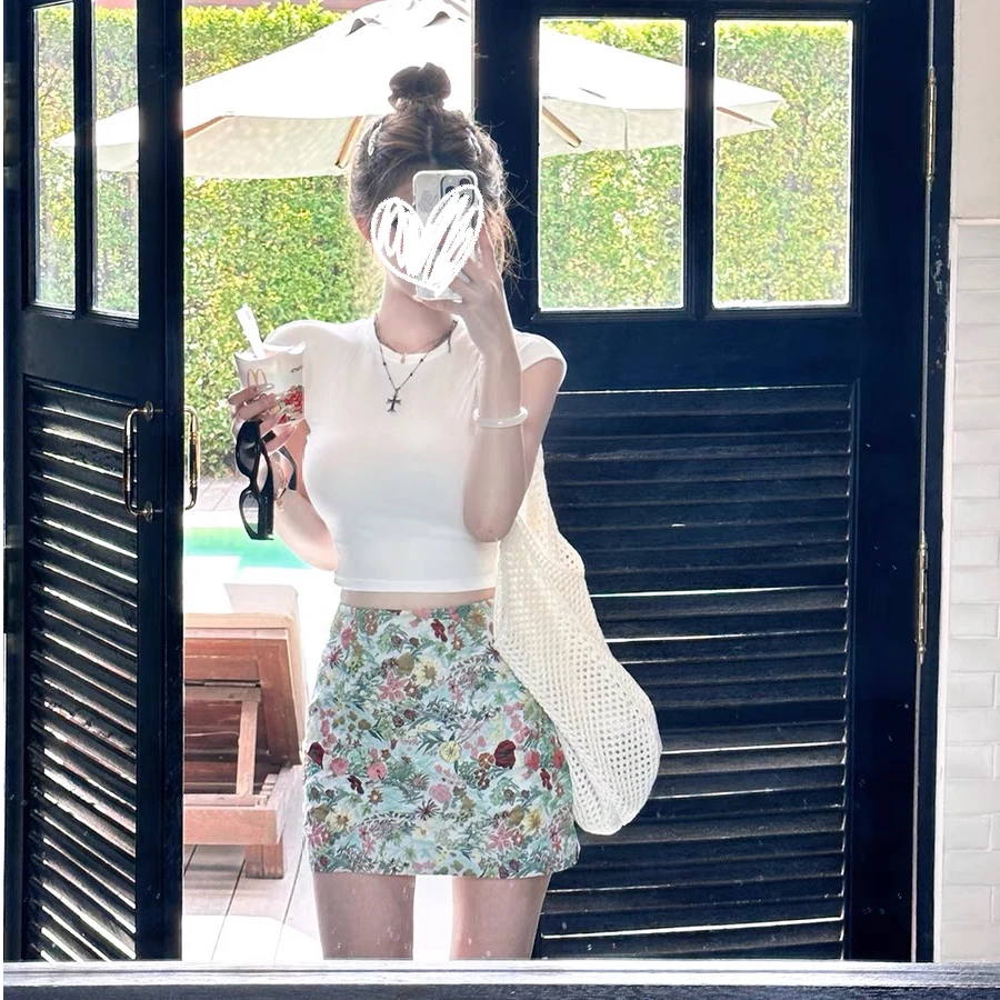 辣妹纯色圆领t恤女春夏修身上衣提花半裙裙子套装