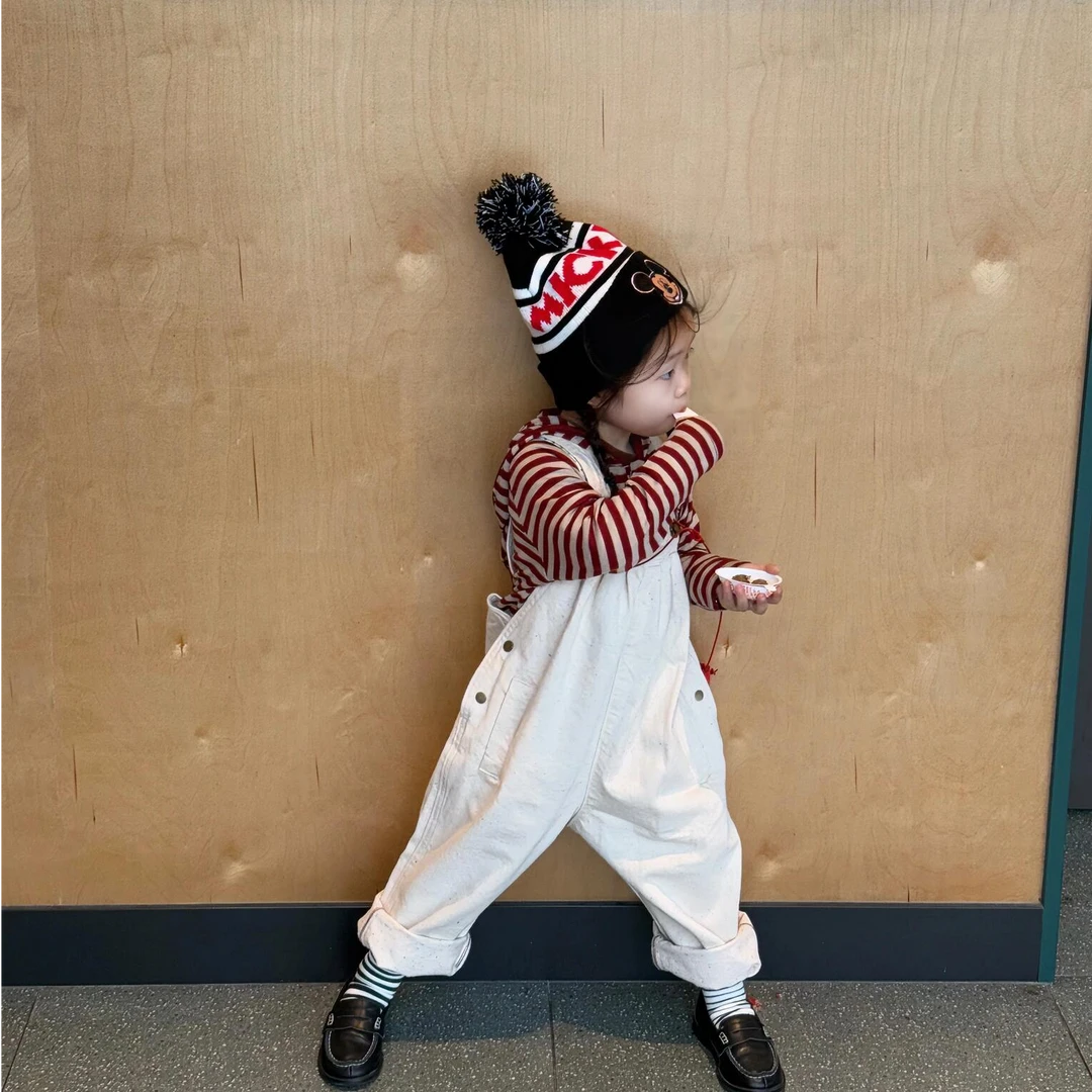 《甜小七》韩版女童2025春季新款开学季休闲条纹连帽上衣背带裤套装