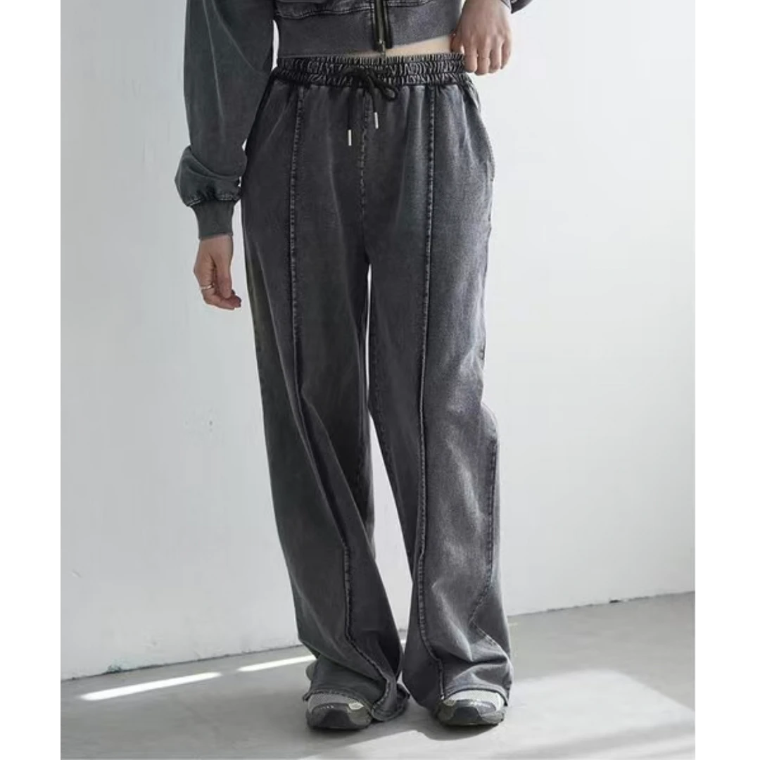 C748宽松秋冬工装风黑色拼接高腰时尚加绒直筒透气休闲裤331Y