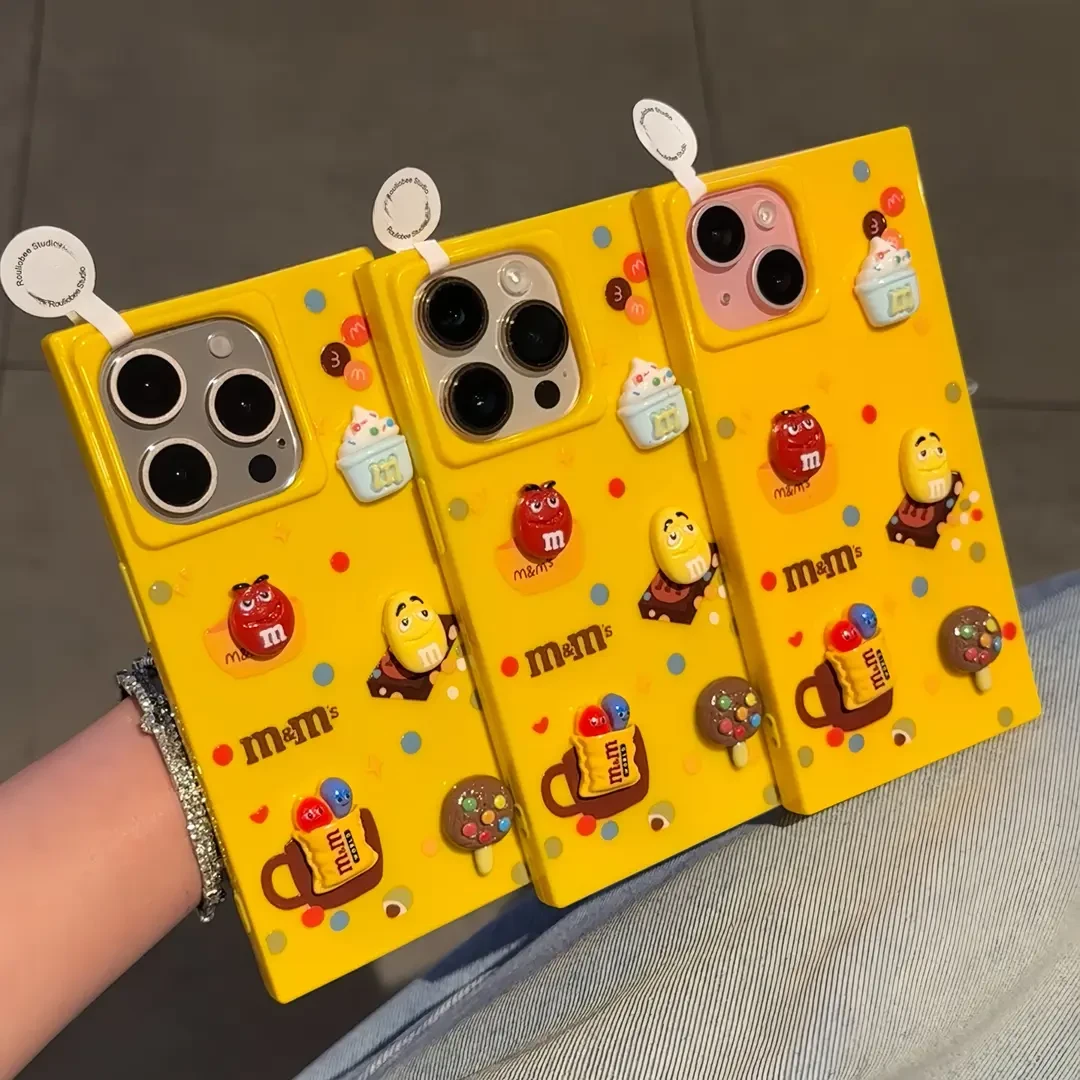 适用立体巧克力豆公仔苹果15/16promax方块手机壳iPhone14/13/12